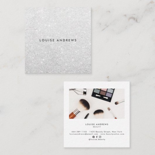 シックエレガントシルバーグリッターシンプルホワイト美しい スクエア名刺 (正面/裏面)