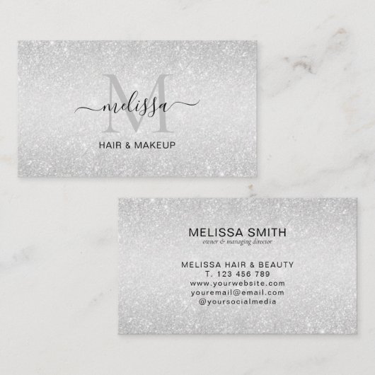 シックエレガントシルバーグリッターモノグラム名刺 名刺 (正面/裏面)