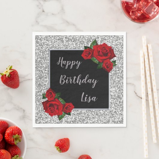 シックエレガントシルバーグリッターレッドローゼス誕生日 スタンダードランチョンナプキン (インサイチュ)