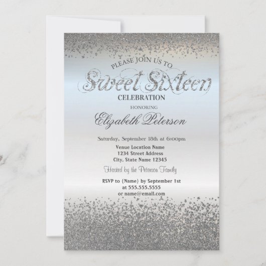 シックエレガントシルバーダイヤモンド紙吹雪スウィート16 招待状 (正面)