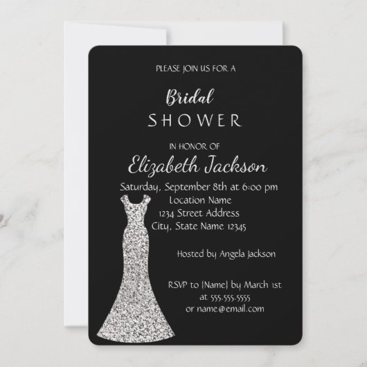シックエレガントシルバードレスブライダルシャワー 招待状 (正面)