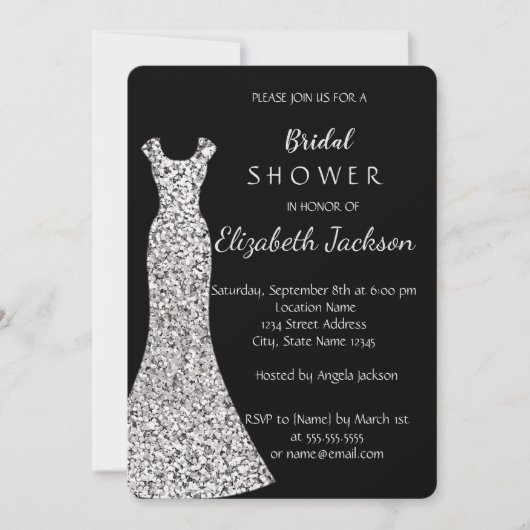 シックエレガントシルバードレス、紙吹雪ブライダルシャワー 招待状 (正面)