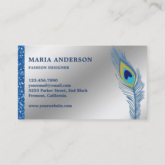 シックエレガントシルバーフォイルブルーインディアン孔雀 名刺 (裏面)