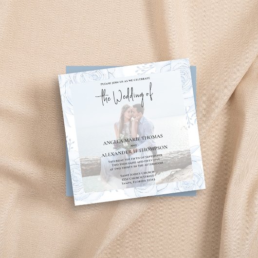 シックエレガントシンプルクラシックフローラダスティブルーRSVP 招待状