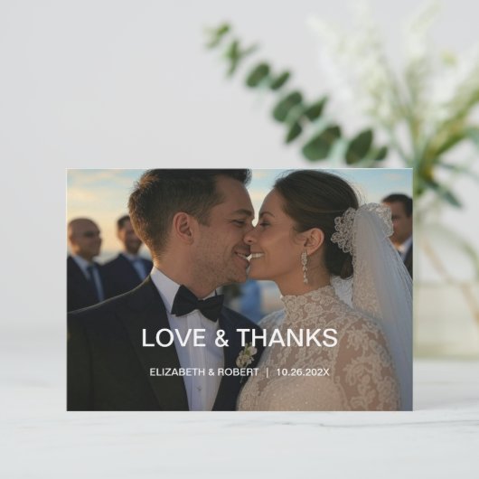 シックエレガントスクリプトラブハートの結婚2枚の写真 サンキューカード (スタンド正面)