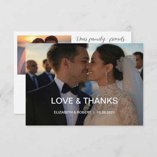 シックエレガントスクリプトラブハートの結婚2枚の写真 サンキューカード (正面/裏面)