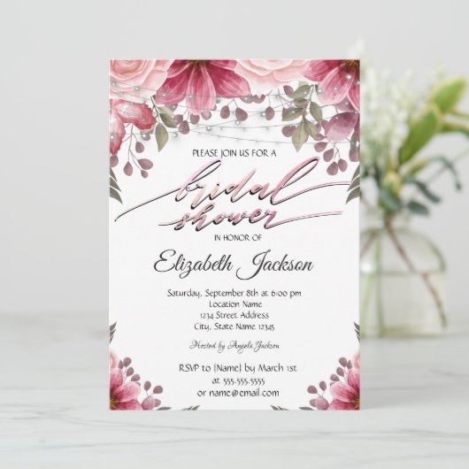 シックエレガントストリングライトフローラブライダルシャワー 招待状 (スタンド正面)