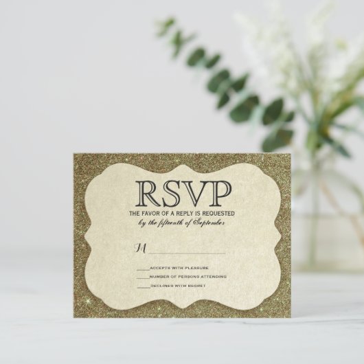 シックエレガントスパークリフェイク金ゴールドグリッター インビテーションポストカード (スタンド正面)