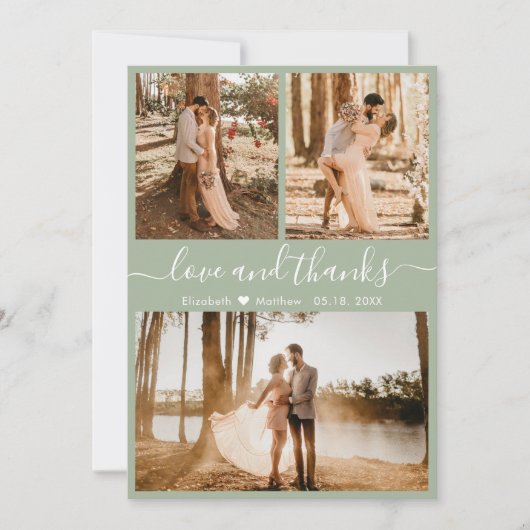 シックエレガントセージグリーン3フォトコラージュ結婚ズTh サンキューカード (正面)