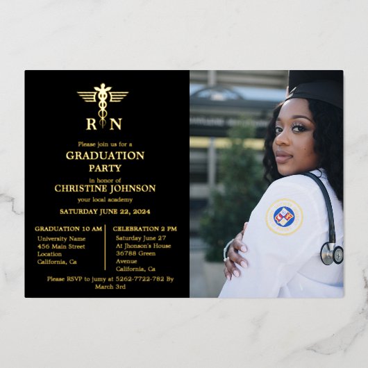 シックエレガントタイポグラフィナース卒業パーティーフォイ 箔招待状 (正面)