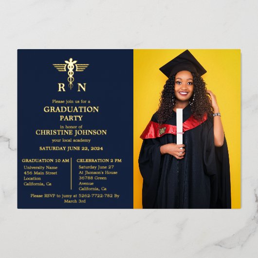 シックエレガントタイポグラフィナース卒業パーティー 箔招待状 (正面)