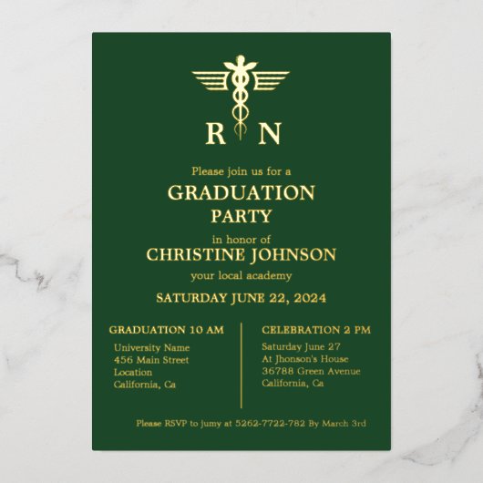 シックエレガントタイポグラフィナース卒業パーティー 箔招待状 (正面)