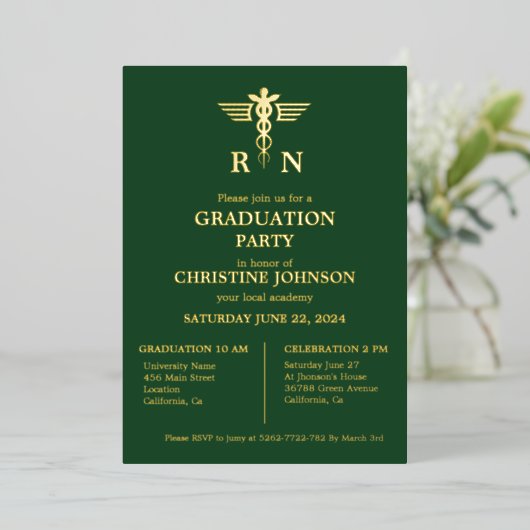 シックエレガントタイポグラフィナース卒業パーティー 箔招待状 (立ち正面)