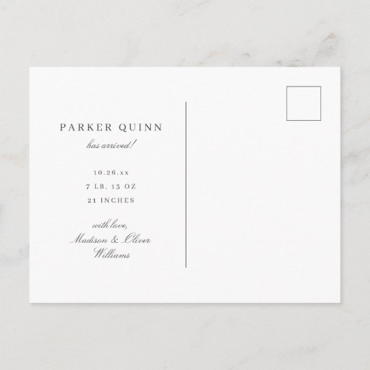 シックエレガントタイポグラフィフォト誕生 案内ポストカード (裏面)