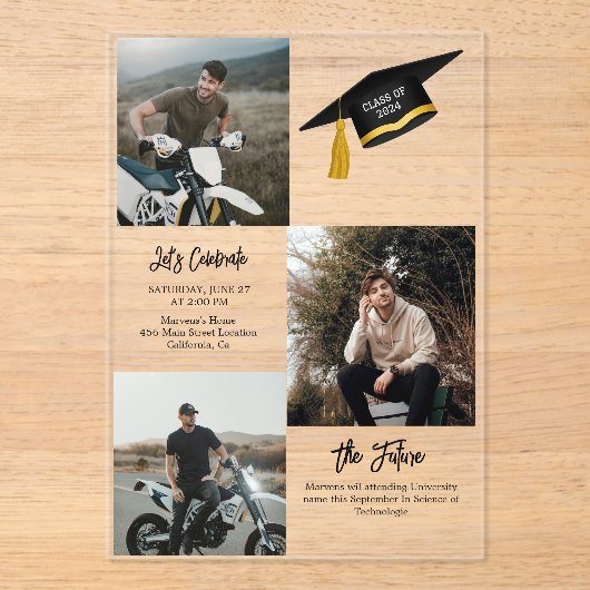 シックエレガントタイポグラフィ卒業パーティー アクリル招待状 (正面)