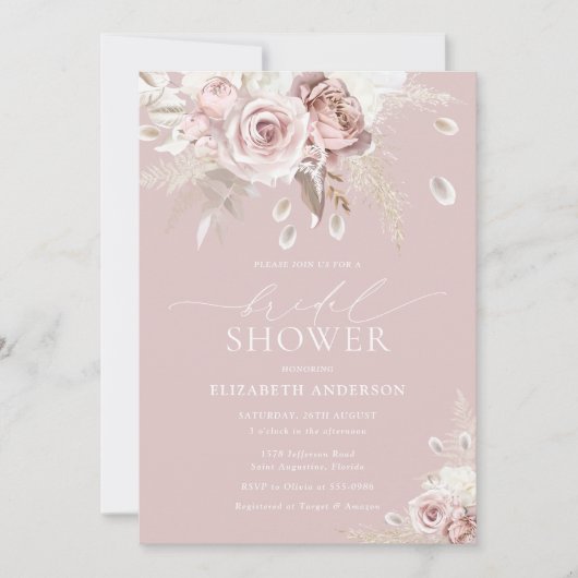 シックエレガントダスティバラフローラブライダルシャワー 招待状 (正面)
