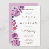 シックエレガントダスティパープルフローラ結婚ズ 招待状 (正面/裏面)