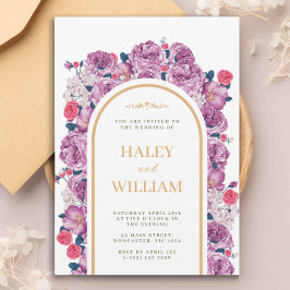 シックエレガントダスティパープル&金ゴールドフローラ結婚ズ 招待状