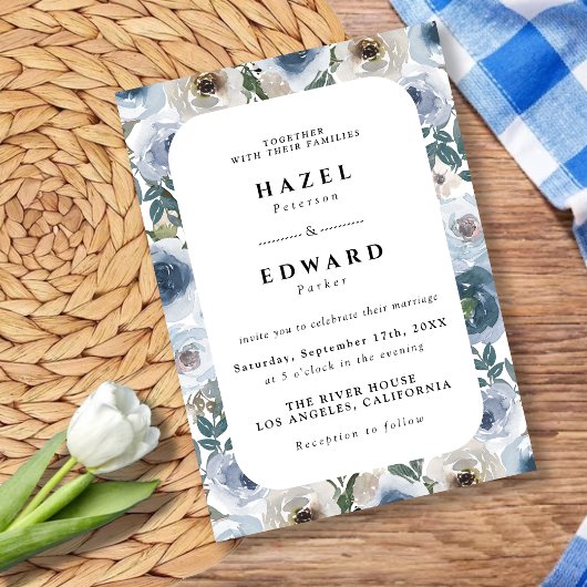 シックエレガントダスティブルーウォーターカラーフローラ結婚ズ 招待状