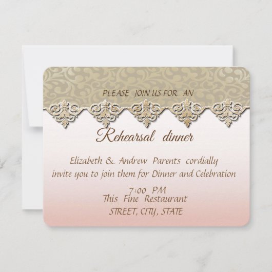 シックエレガントダマスクウェディリハーサルディナー 招待状 (正面)
