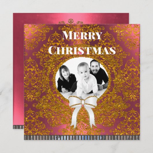 シックエレガントダマスク写真クリスマス シーズンカード (正面/裏面)