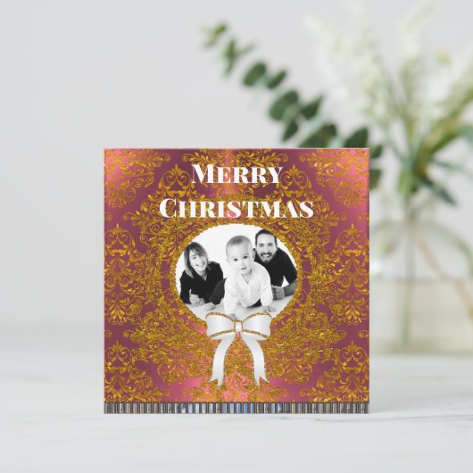 シックエレガントダマスク写真クリスマス シーズンカード (スタンド正面)