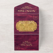 シックエレガントダークバーガンディ金ゴールドアクセントRSVP オールインワン招待状 (外側)