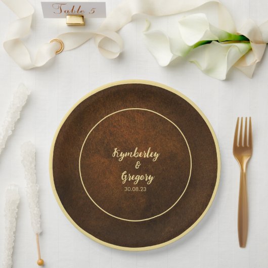 シックエレガントダークブラウン金ゴールドアクセント ペーパープレート (ウェディング)