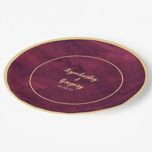 シックエレガントダークブルゴーニュ水彩金ゴールドアクセント ペーパープレート (アングル)