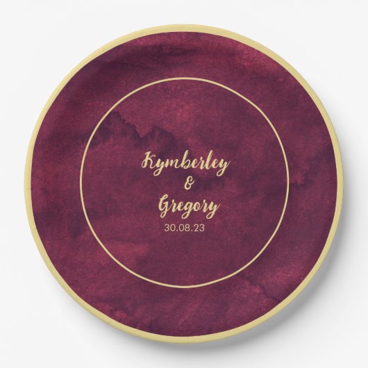 シックエレガントダークブルゴーニュ水彩金ゴールドアクセント ペーパープレート (正面)