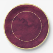 シックエレガントダークブルゴーニュ水彩金ゴールドアクセント ペーパープレート (正面)