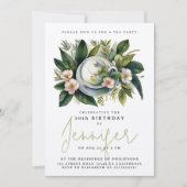 シックエレガントティーパーティー誕生日フローラ水彩 招待状 (正面)
