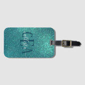 シックエレガントティール(緑がかった色)ブルースパークリーグリッターモノグラム ラゲッジタグ (正面横)