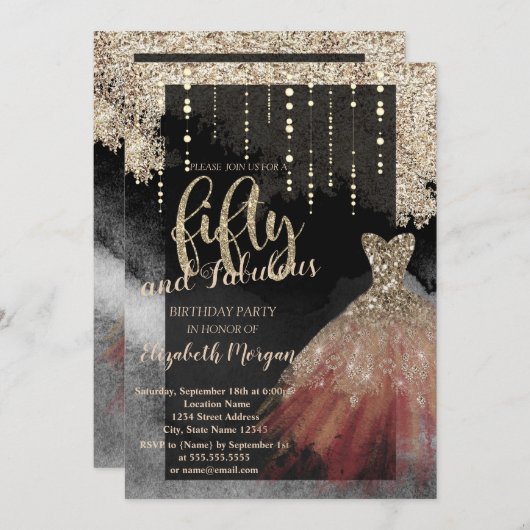 シックエレガントドレス50thバースデーパーティー 招待状 (正面/裏面)
