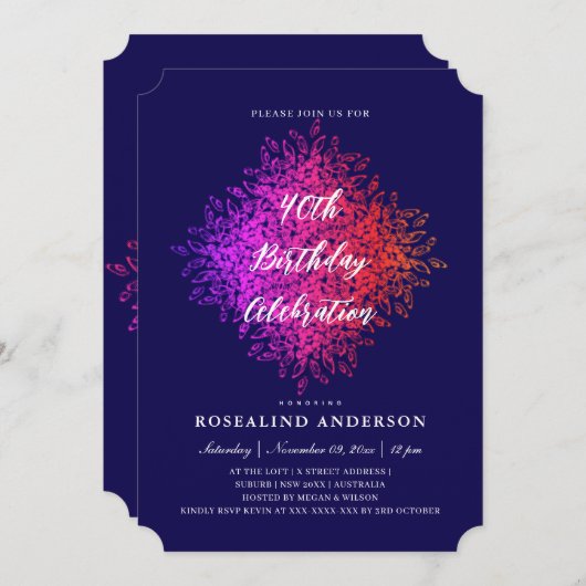 シックエレガントネイビーピンクパープルマンダラ誕生日 招待状 (正面/裏面)