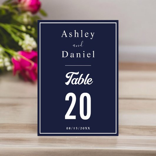 シックエレガントネイビーブルーフォーマルホワイト結婚ズ テーブルナンバー
