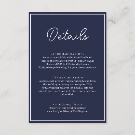 シックエレガントネイビーブルーミニマルホワイト結婚ズ エンクロージャーカード (正面)