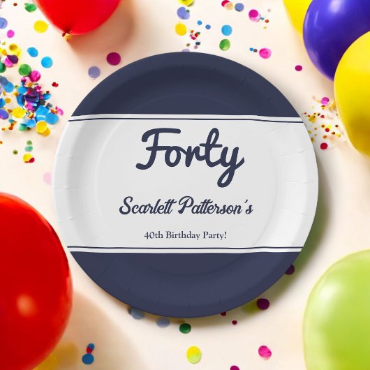 シックエレガントネイビーブルーモダンホワイト40歳の誕生日 ペーパープレート