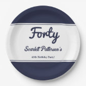 シックエレガントネイビーブルーモダンホワイト40歳の誕生日 ペーパープレート (正面)