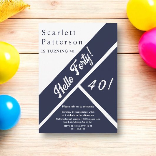 シックエレガントネイビーブルーモダンホワイト40歳の誕生日 招待状