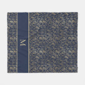 シックエレガントネイビーブルー金ゴールド離れモノグラム フリースブランケット (正面(横))