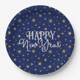 シックエレガントネイビーブルー&金ゴールドスターズハッピーニューイヤー ペーパープレート