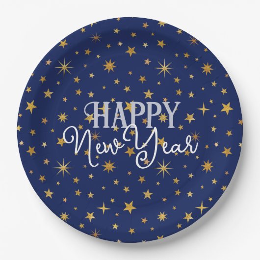 シックエレガントネイビーブルー&金ゴールドスターズハッピーニューイヤー ペーパープレート (正面)