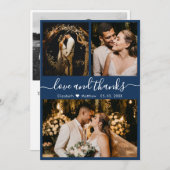 シックエレガントネイビー3フォトコラージュ結婚ズ サンキューカード (正面/裏面)