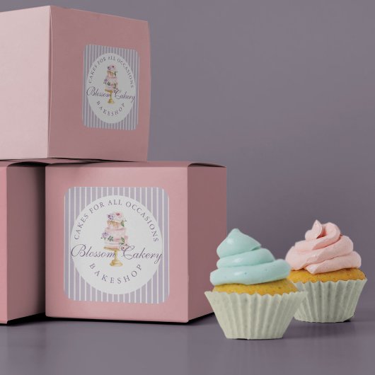 シックエレガントバイオレットウォーターカラーフローラケーキベーカリー ラウンドシール