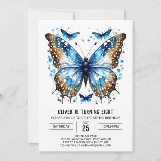シックエレガントバタフライボーイ誕生日 招待状 (正面)
