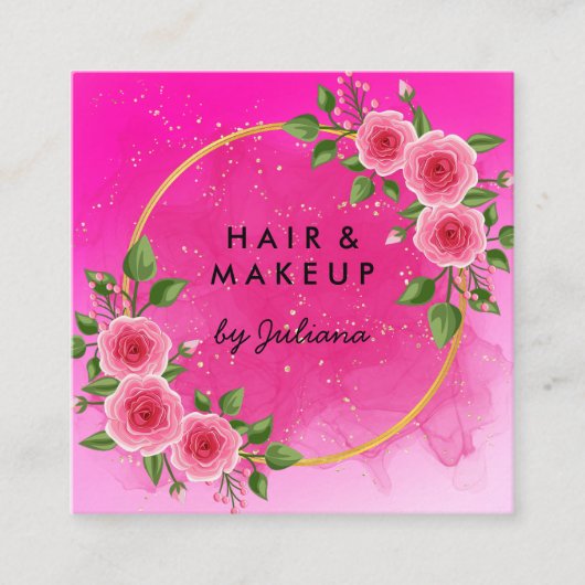 シックエレガントバラフレームフローラ赤面ピンクビジネス スクエア名刺 (正面)