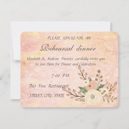 シックエレガントバラ大理石フローラリハーサルディナー 招待状 (正面)