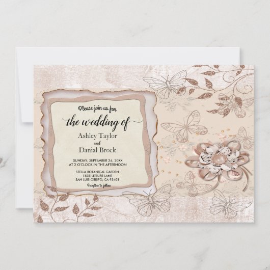 シックエレガントバラ金ゴールドグリッターグラムモダンズ 招待状 (正面)