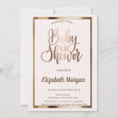 シックエレガントバラ金ゴールドストライプのベビーシャワー 招待状 (正面)